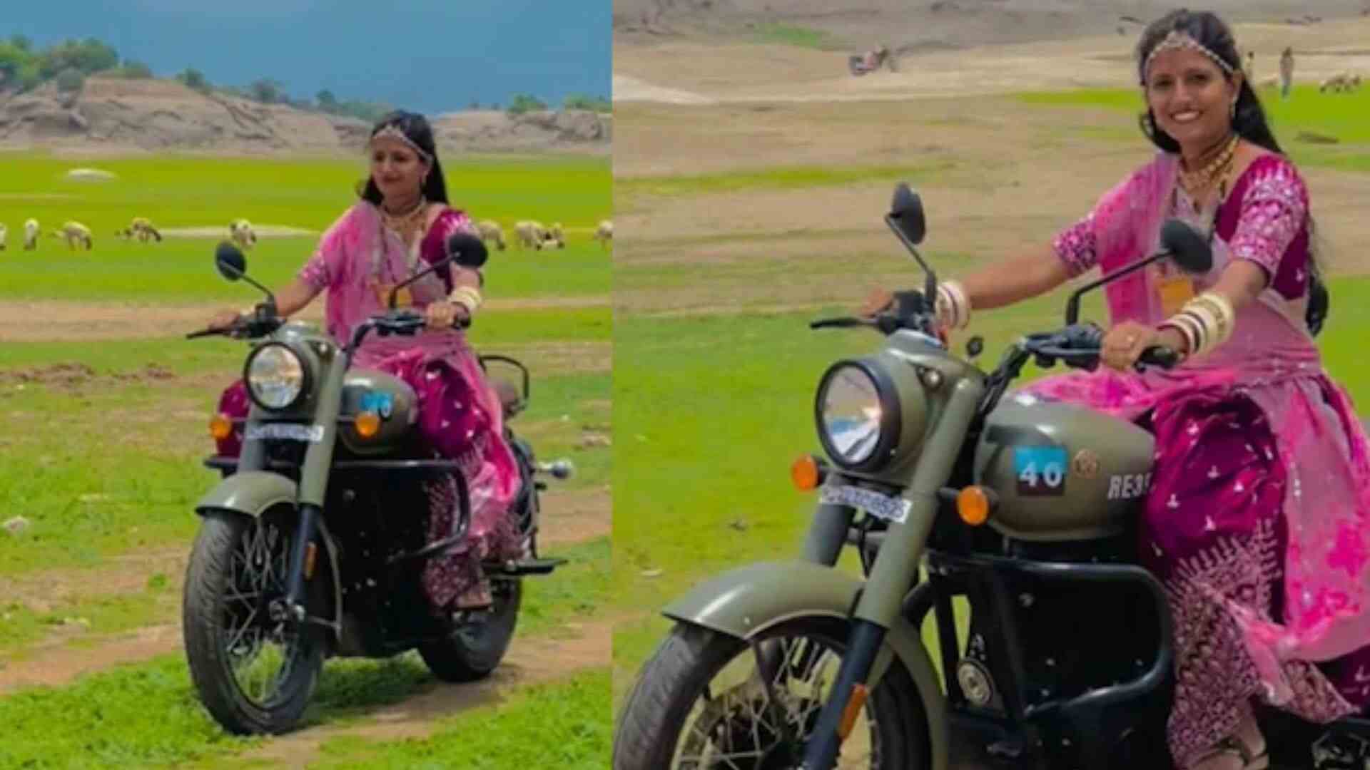 Woman Drives Royal Enfield Bike In Ghagra-Choli