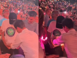 Roger Federer Signs Fan’s Wimbledon T-Shirt At Coldplay Concert