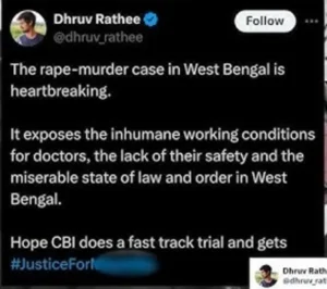 Dhruv Rathee tweet on Kolkata doctor's rape-murder case