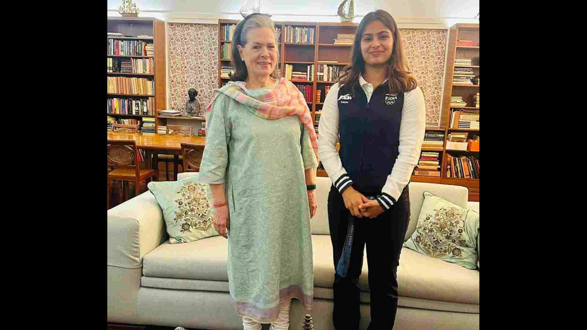 Manu Bhaker receives a warm welcome in Delhi and meets Sonia Gandhi after winning two Olympic medals at Paris 2024.