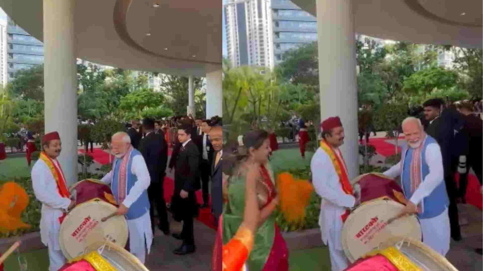 PM Modi tries hand on dhol