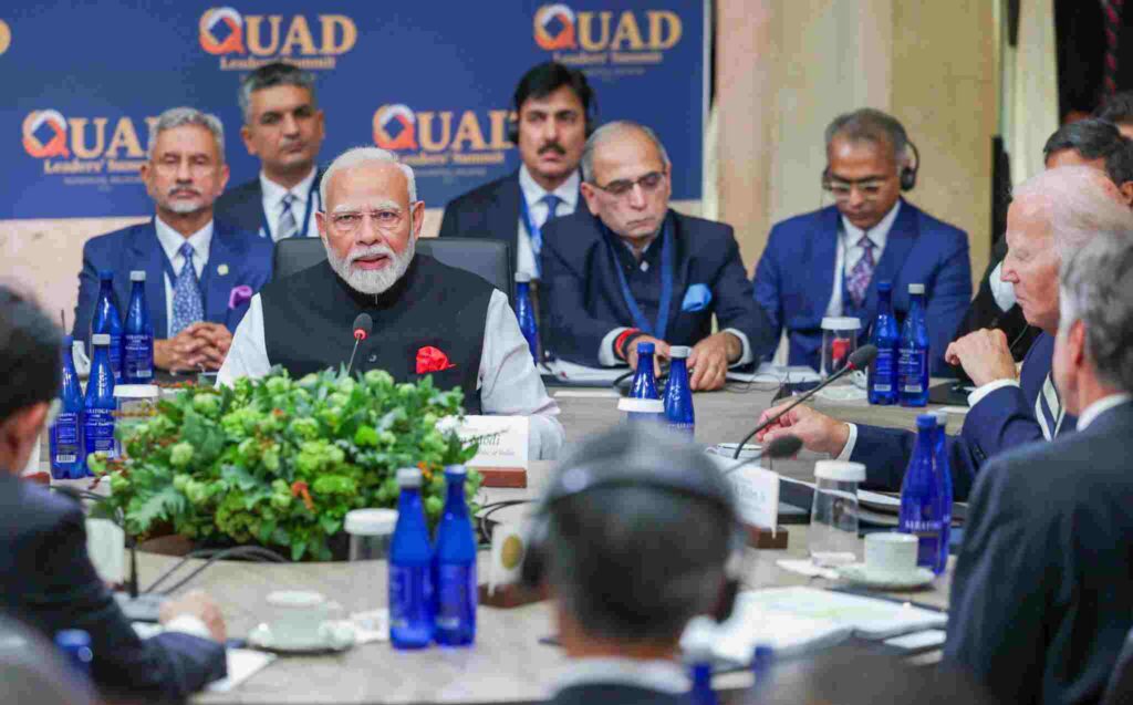 PM Modi speaks at the Quad Leaders' Summit, in Wilmington on Saturday. US President Joe Biden, External Affairs Minister S Jaishankar and Ambassador of India to the US Vinay Mohan Kwatra also seen. ANI