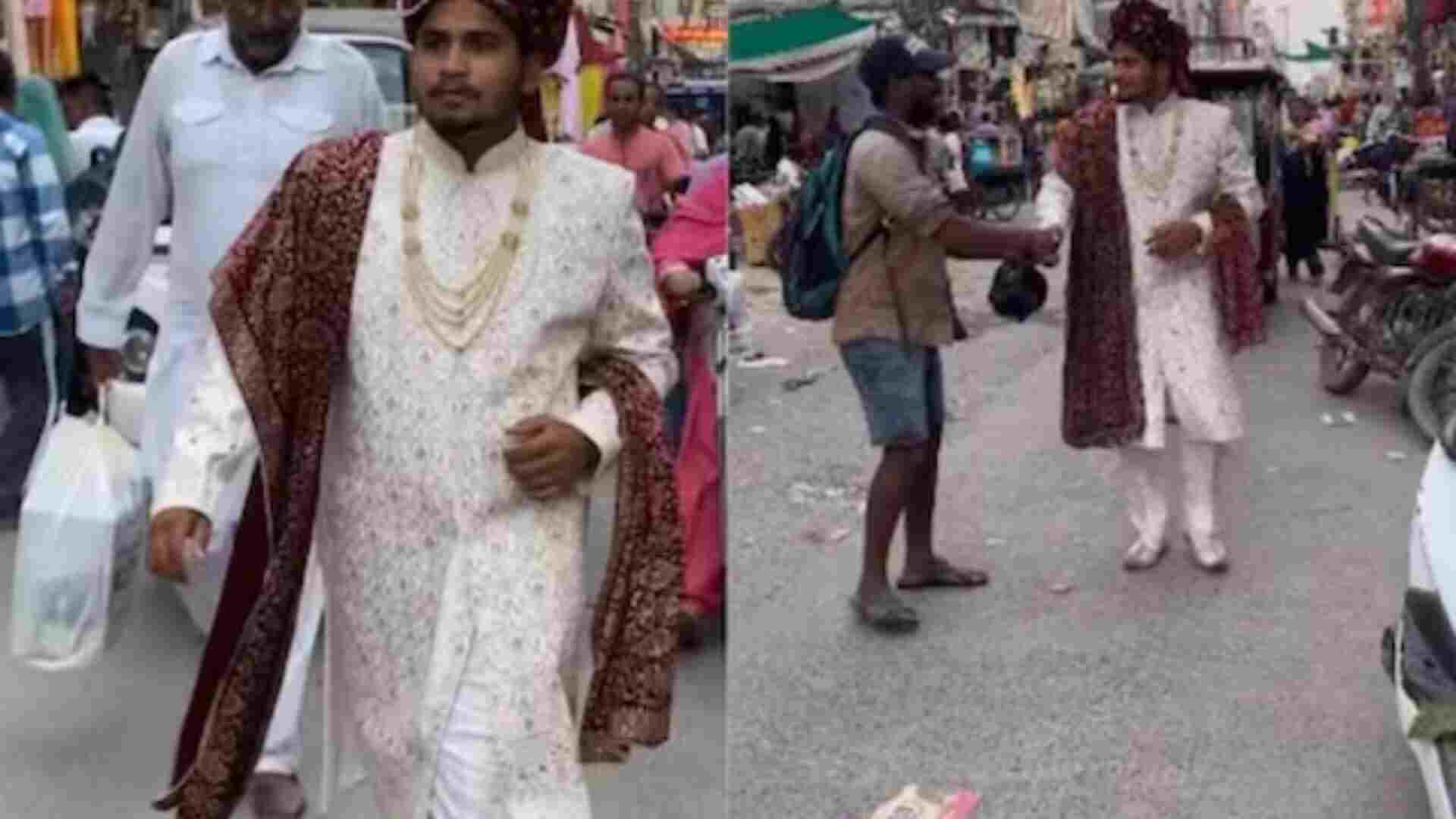 Groom-Clad Man Strolling Through Market