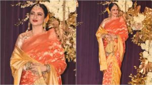 Rekha Shines In Stunning Orange Kanjeevaram Saree, Adorns Hair With Marigold Flowers At Manish Malhotra’s Diwali Bash