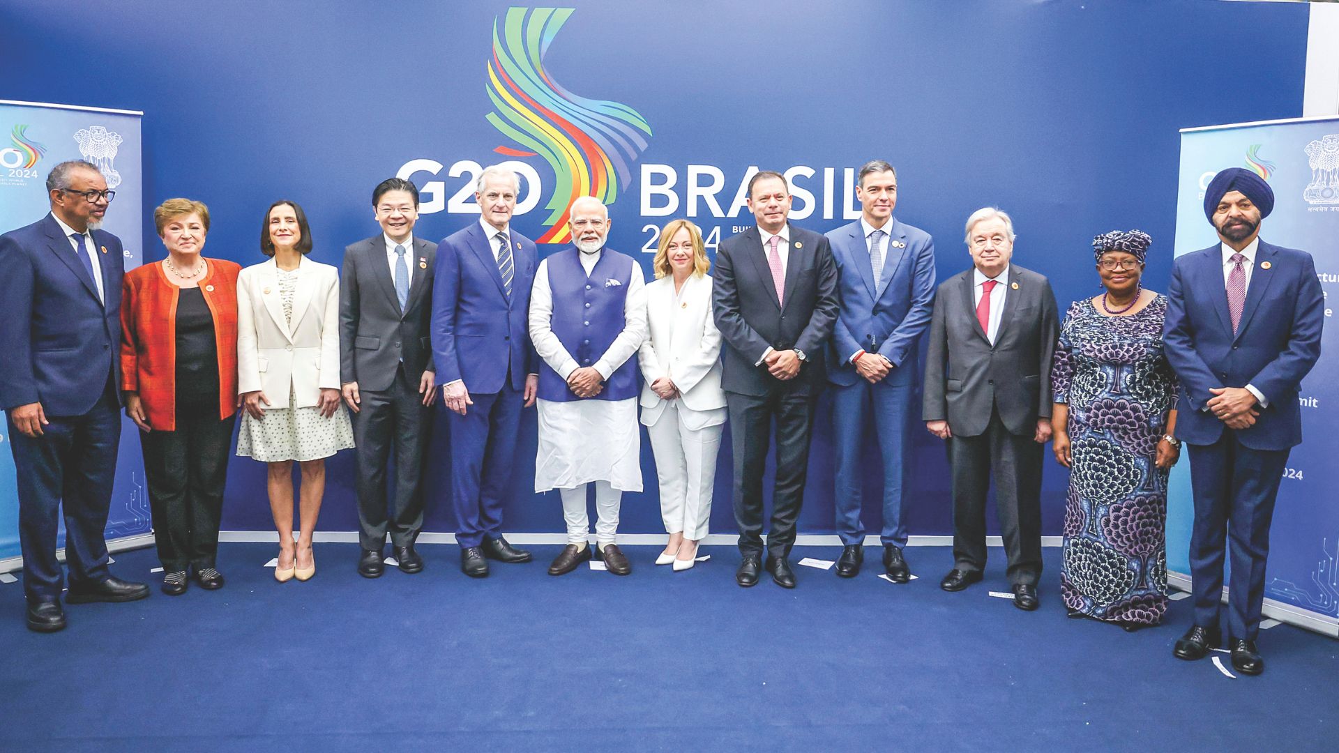 Prime Minister Narendra Modi in a group picture with world leaders attending the Digital Public Infrastructure programme on the sidelines of the 19th G-20 summit, in Rio de Janeiro on Tuesday. ANI