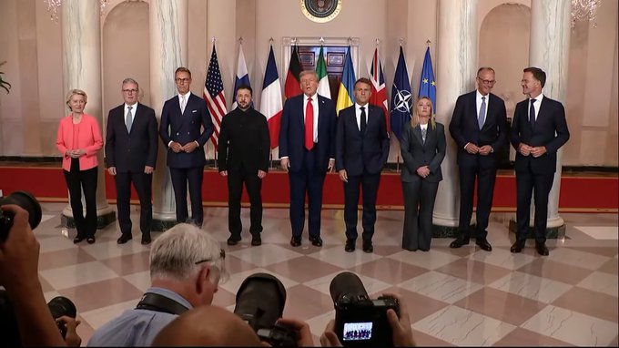European leaders seated with Trump and Zelenskyy at a White House table - Photo Gallery