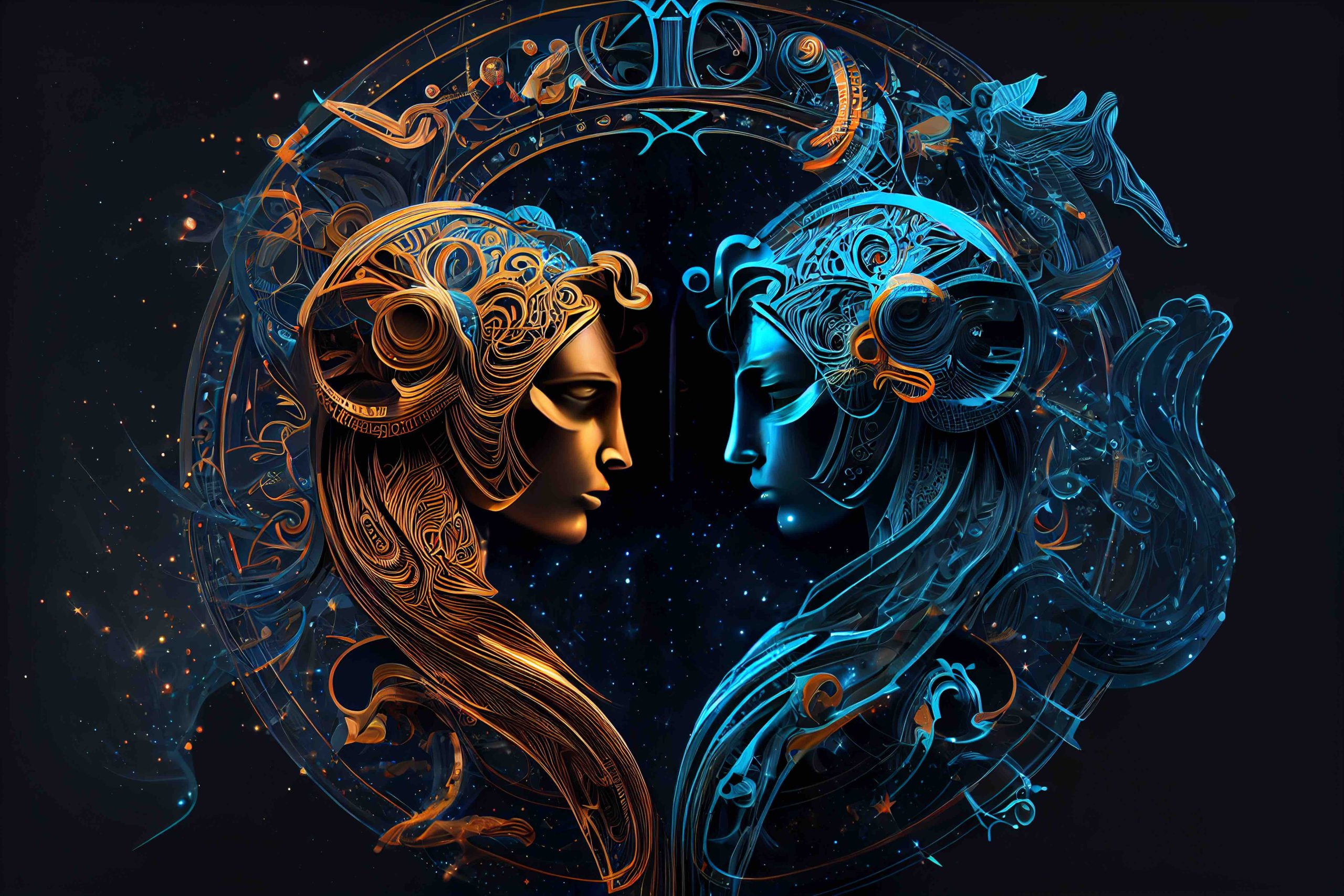 Colorful artwork of Gemini zodiac sign with twin symbols representing communication and duality - Photo Gallery
