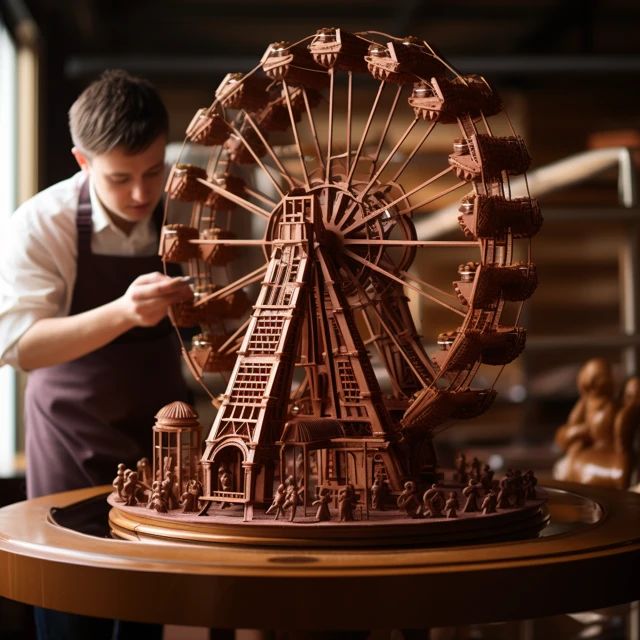 A beautifully crafted chocolate sculpture displayed in a Parisian shop. - Photo Gallery