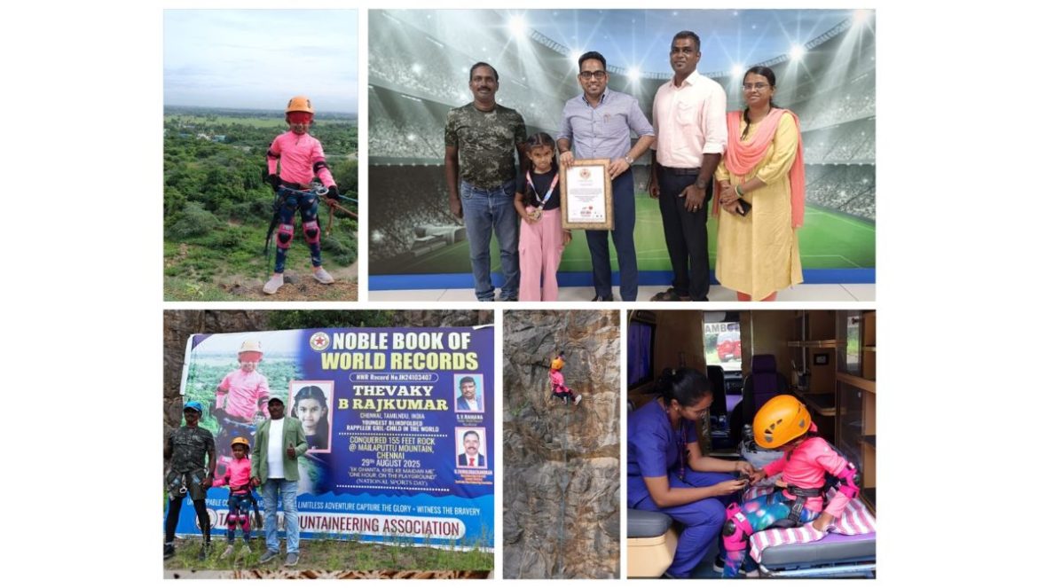 India’s Youngest Trailblazer: 6-Year-Old Thevaky Sets World Record in 155-Foot Blindfolded Rappelling