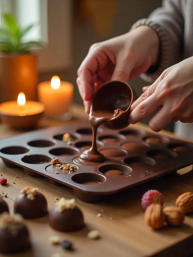 Pouring the chocolate-almond mixture into a lined pan. - Photo Gallery
