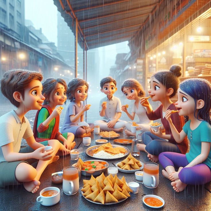 Friends enjoying samosas together with tea on a rainy day. - Photo Gallery