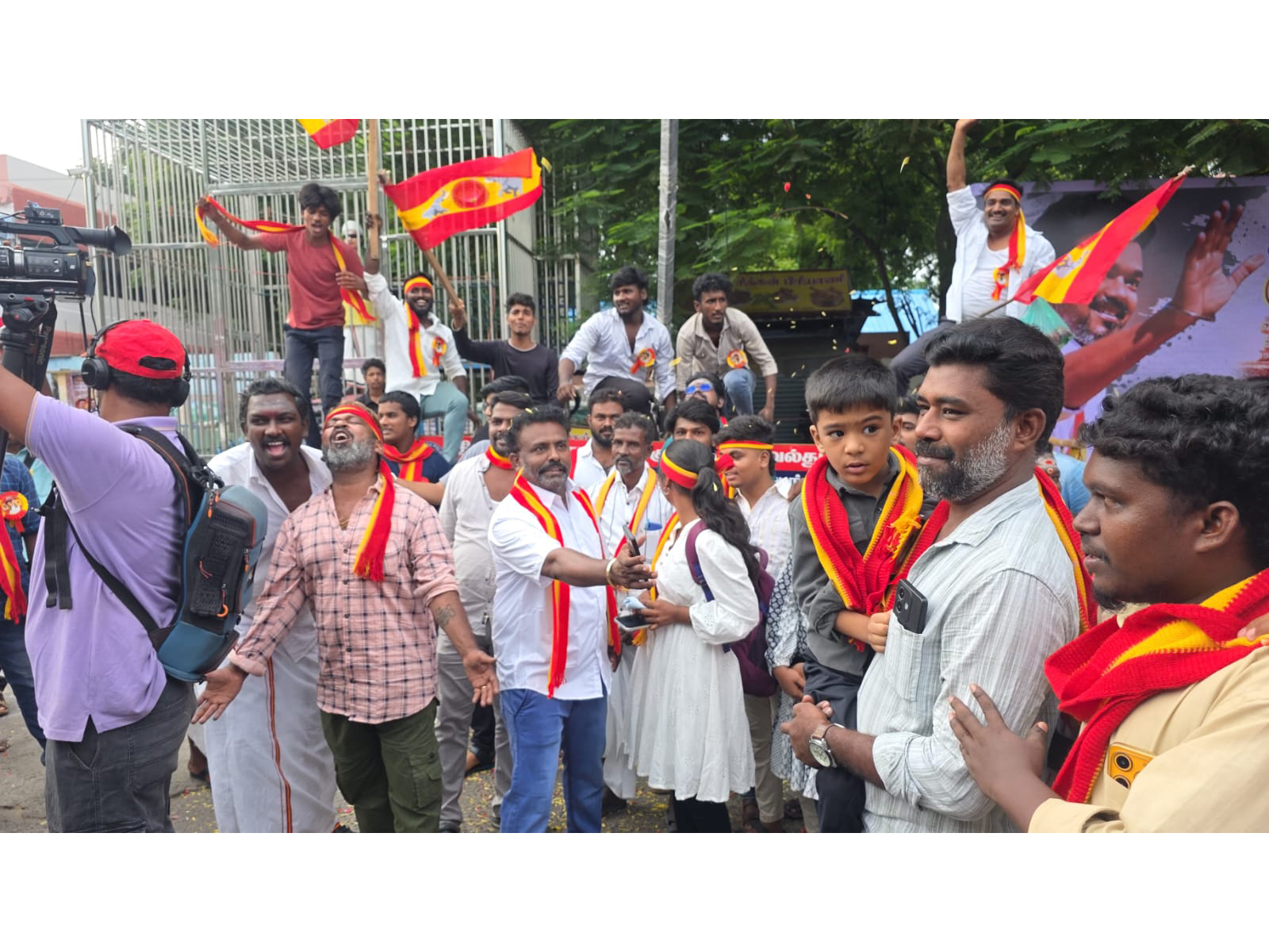 TVK cadres await arrival of Party President Vijay in Trichy (Photo/ANI)