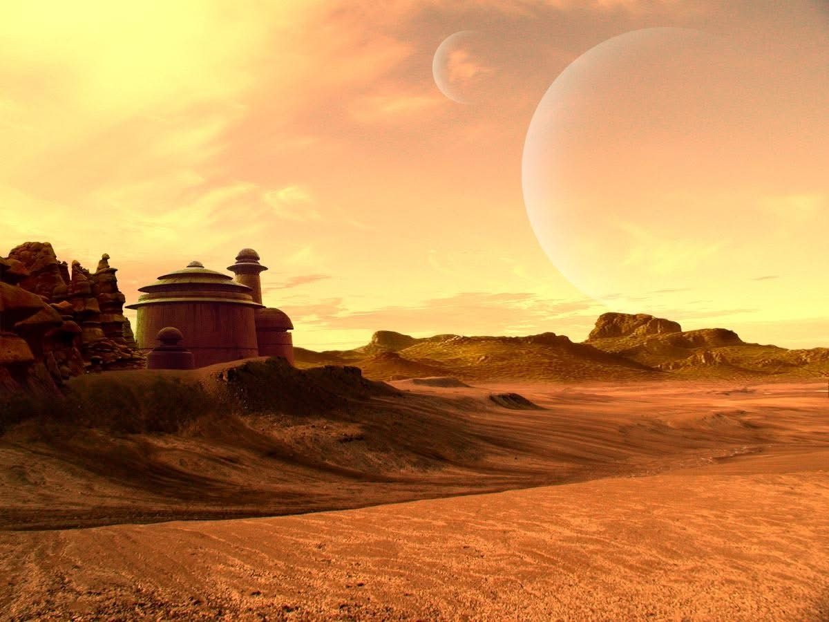 Alien desert landscape illuminated by twin suns. - Photo Gallery