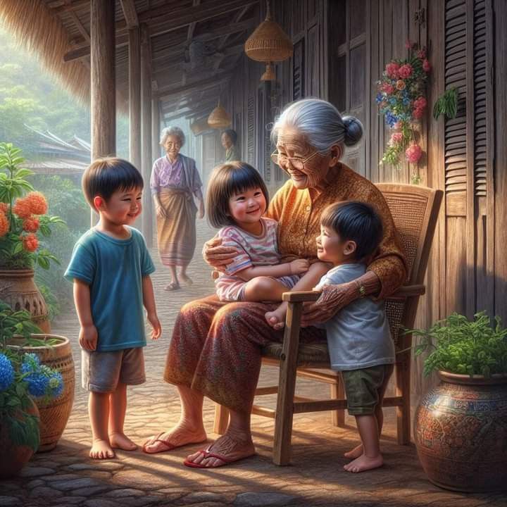 Smiling grandparents surrounded by grandchildren on a sunny afternoon. - Photo Gallery