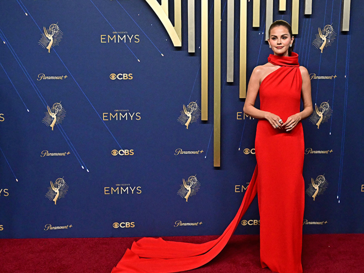Selena Gomez in a red Louis Vuitton gown with a train at the 2025 Emmys. - Photo Gallery