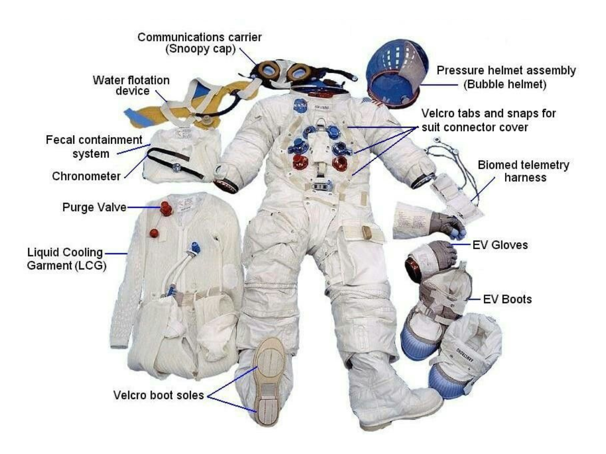 Diagram showing different protective layers of a NASA space suit. - Photo Gallery