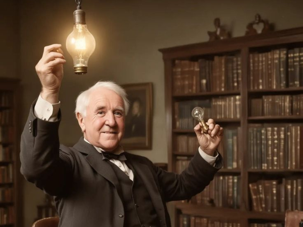 Thomas Edison working with light bulbs in his laboratory. - Photo Gallery