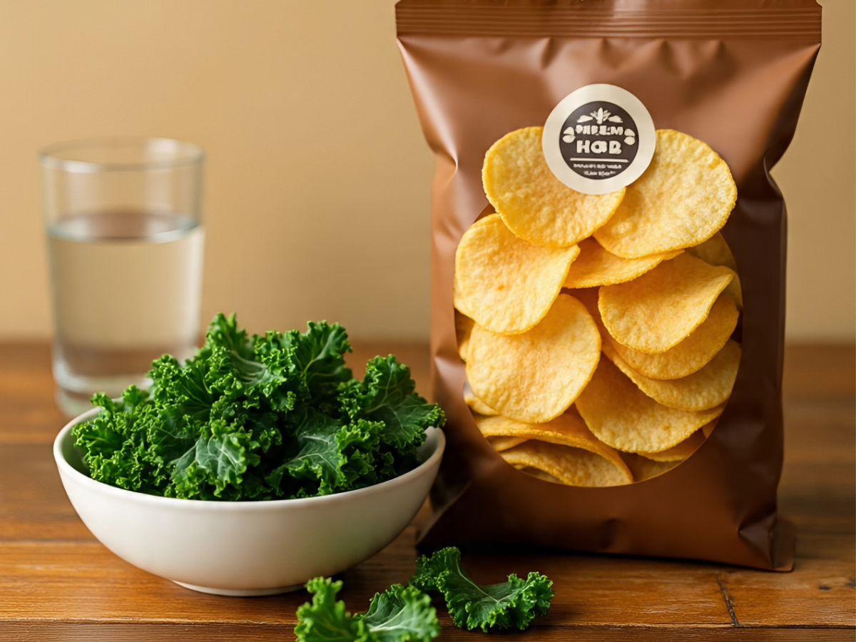 Potato chips next to a bowl of crispy kale chips - Photo Gallery