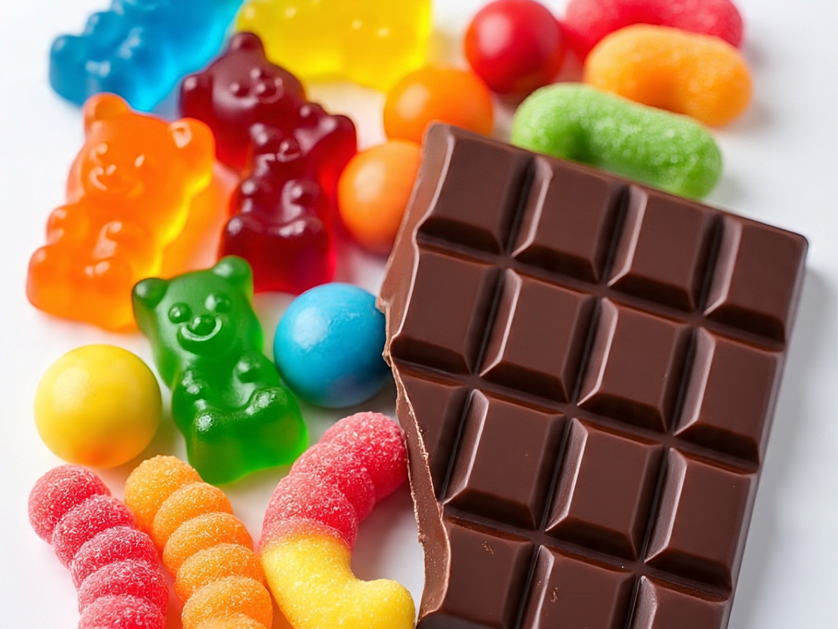 Colorful candies compared with a dark chocolate bar - Photo Gallery
