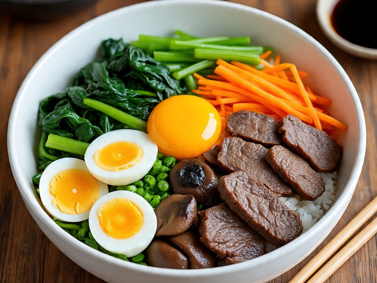 Colorful Korean Bibimbap with vegetables, meat, and egg - Photo Gallery