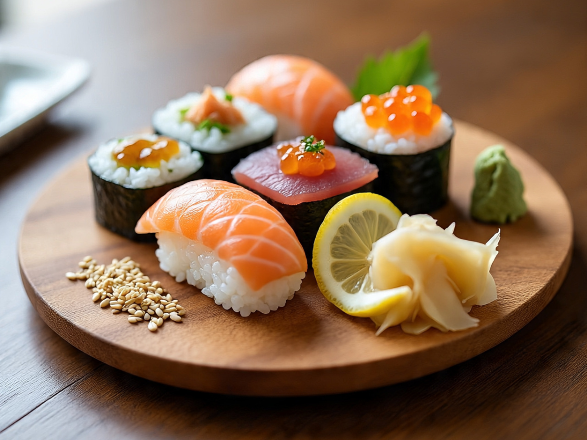 Fresh sushi rolls with salmon, tuna, and rice served on a wooden plate - Photo Gallery