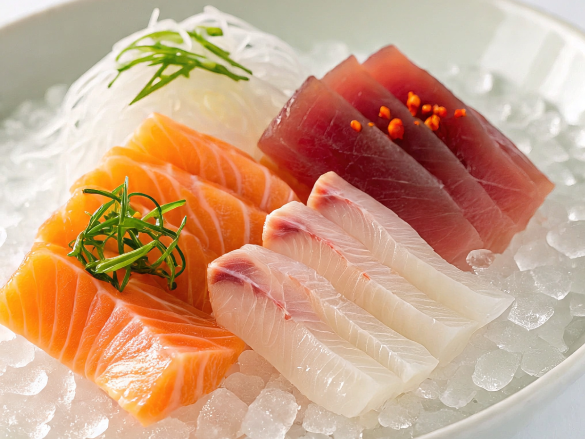 Thinly sliced sashimi with salmon, tuna, and garnishes on a plate - Photo Gallery