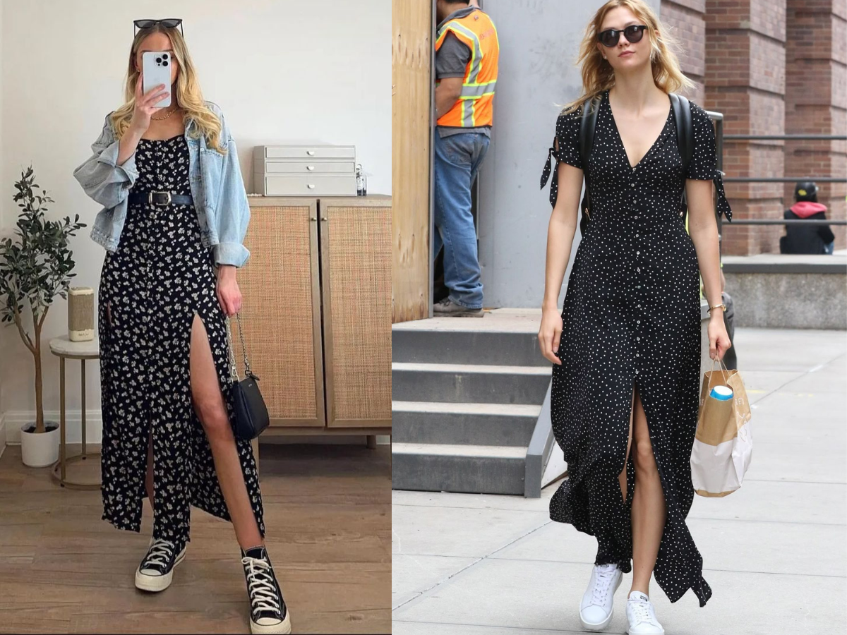 Woman wearing a floral dress with sneakers for a cute casual outfit - Photo Gallery