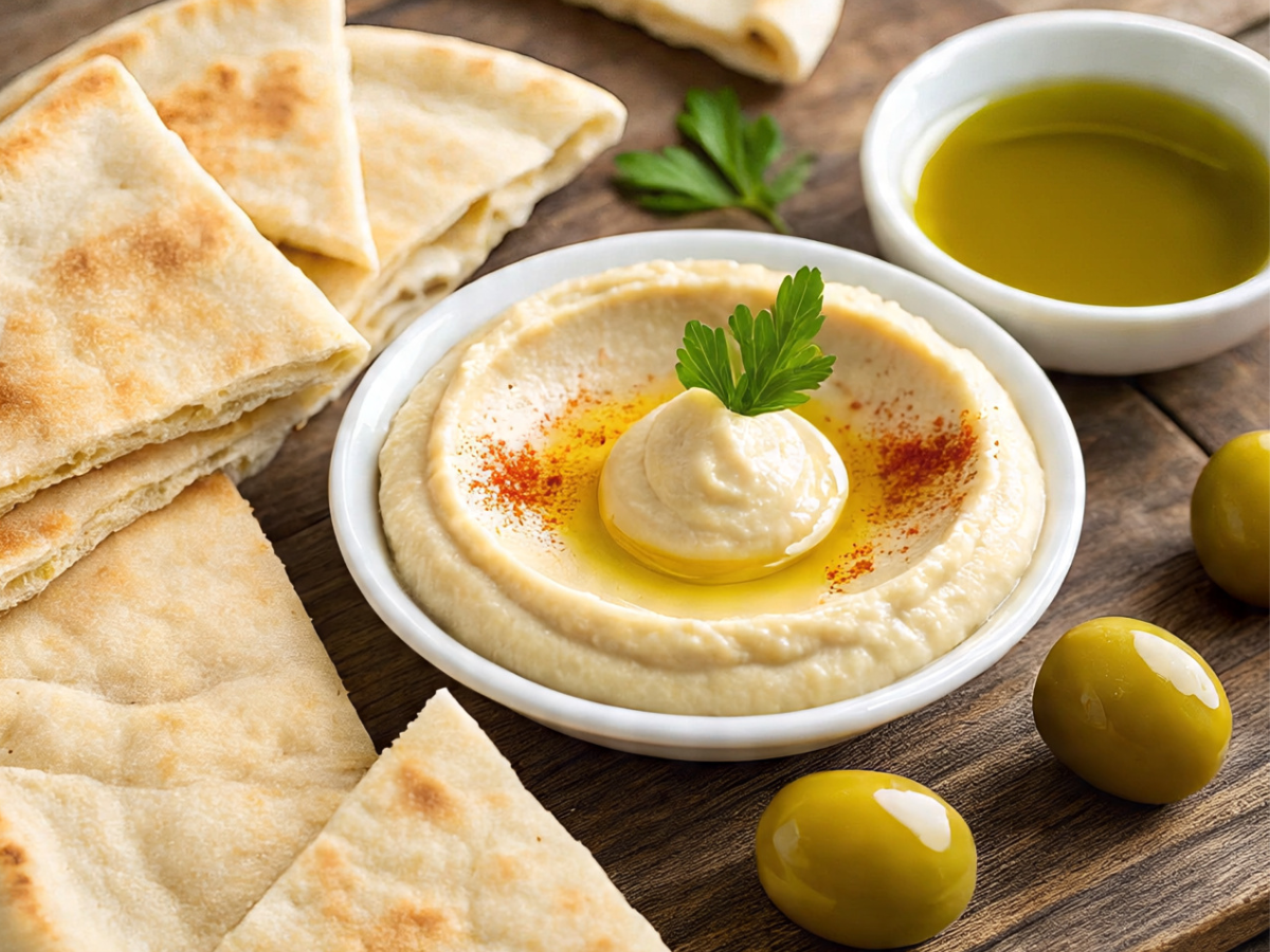 Creamy hummus served with pita bread and olive oil - Photo Gallery