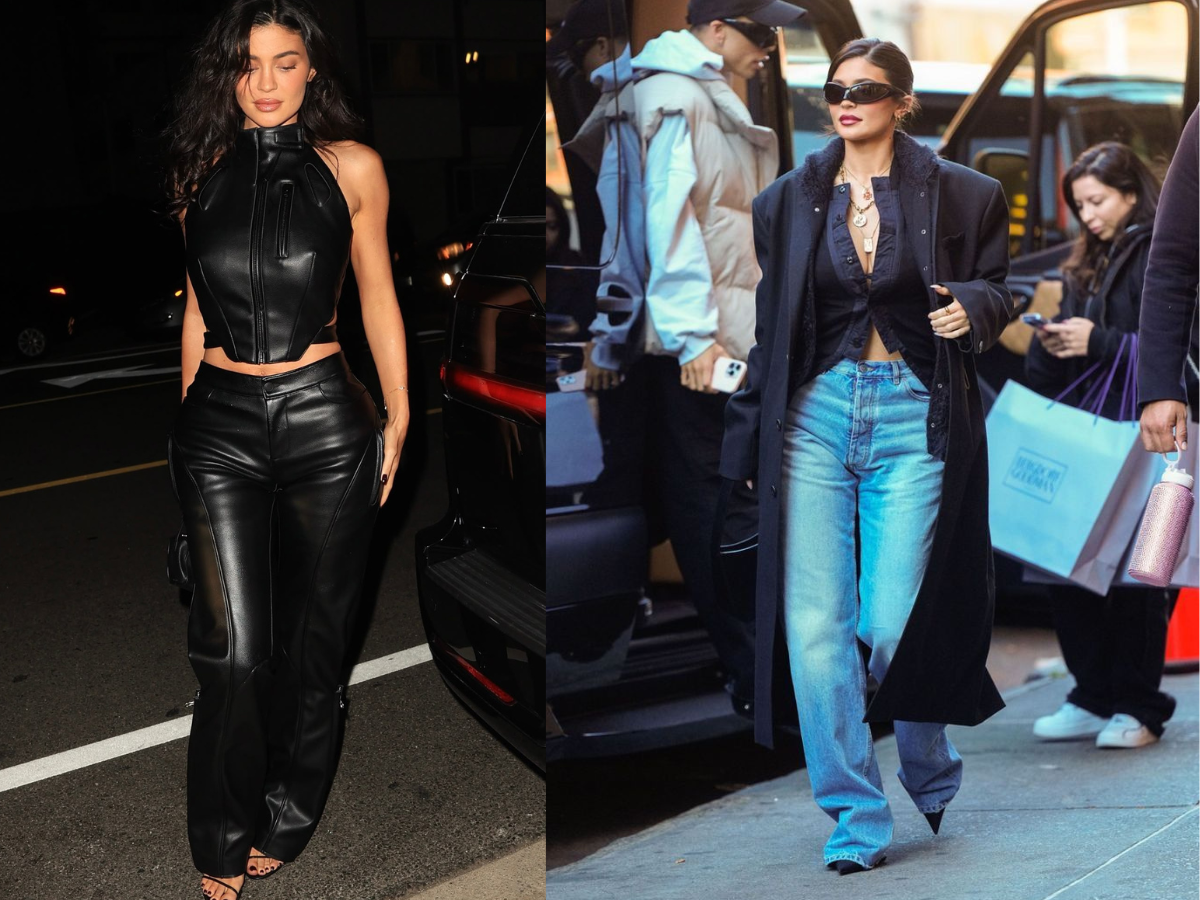 Kylie Jenner in oversized leather jacket with crop top and high-waist pants - Photo Gallery