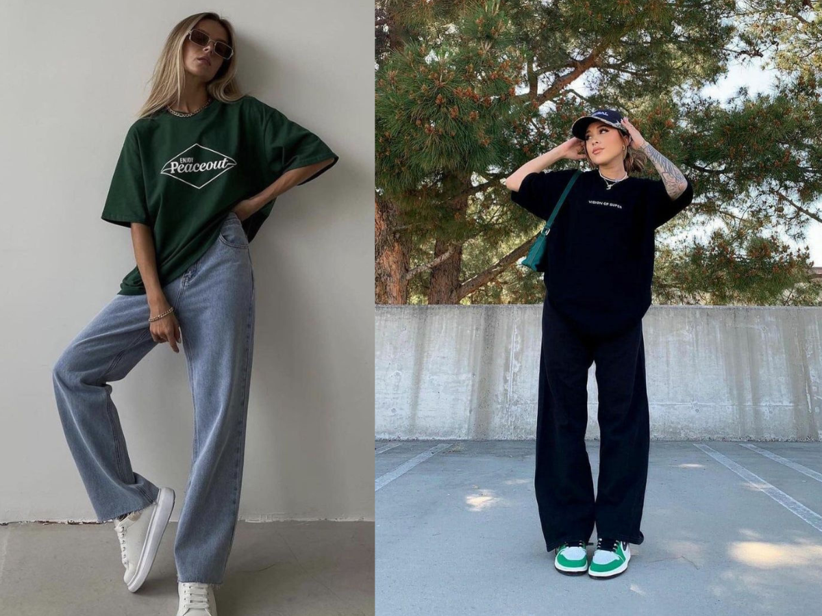 Woman wearing a plain T-shirt with jeans and sneakers - Photo Gallery