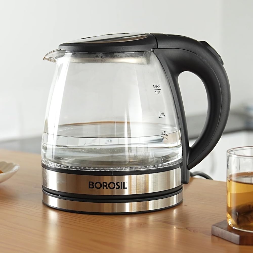 Borosil Electric Glass Kettle | Made in India Borosilicate Glass Body with Blue Backlight | Auto Cut-Off, 360° Base, Spout Filter | Fast Boil | Cord Winder | 1-Year Warranty (1.2 L)