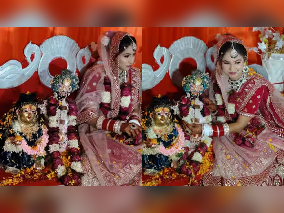 UP Woman Marries Lord Krishna Idol in Grand Wedding Ceremony, Groom Arrives in Traditional Baraat Procession | Watch