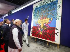 PM Modi, French President Macron view India-inspired artworks by French artists at Bharat Innovates
