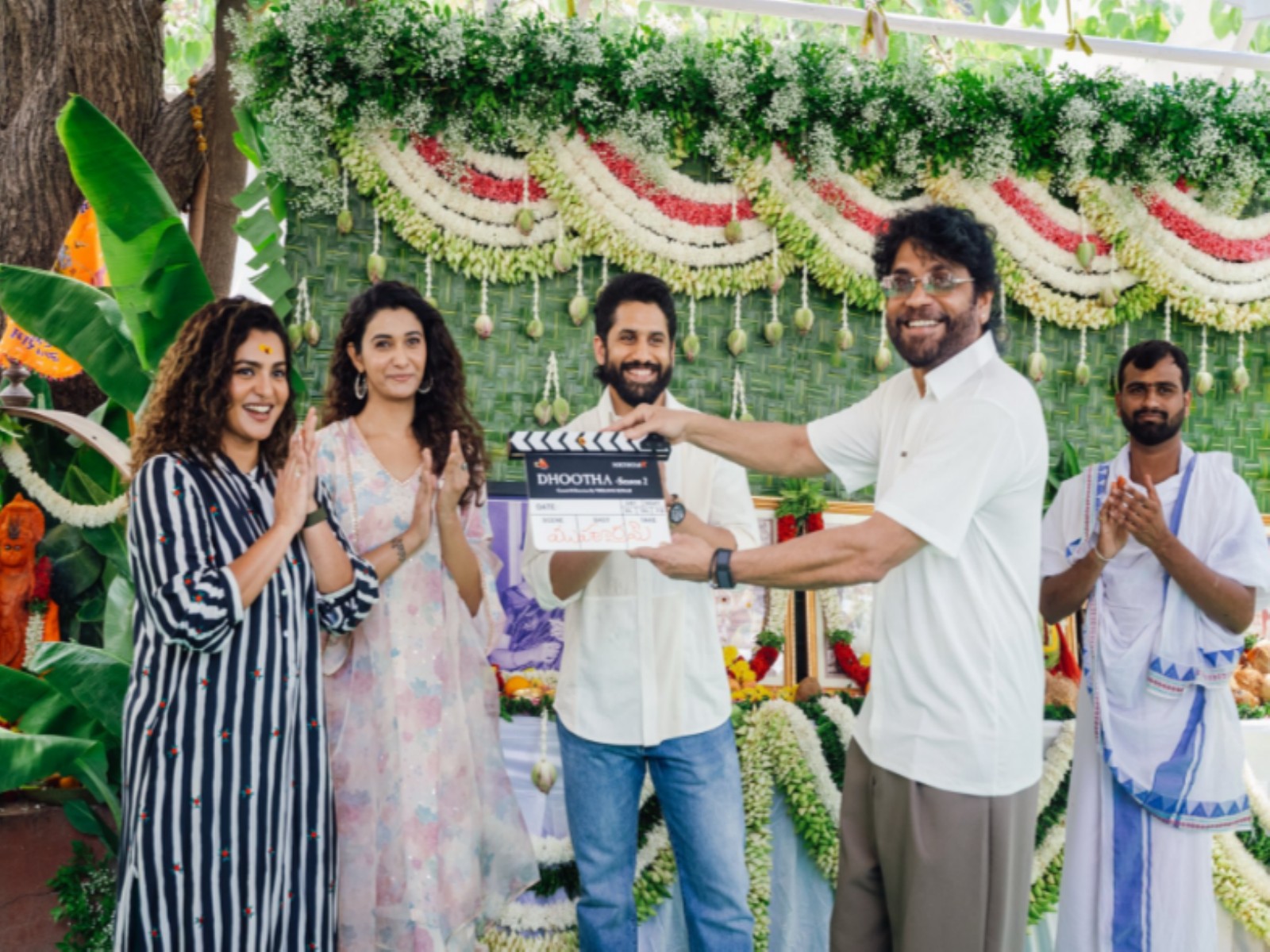 Naga Chaitanya,Nagarjuna at Dhootha S2 puja ceremony (Photo/X@chay_akkineni)