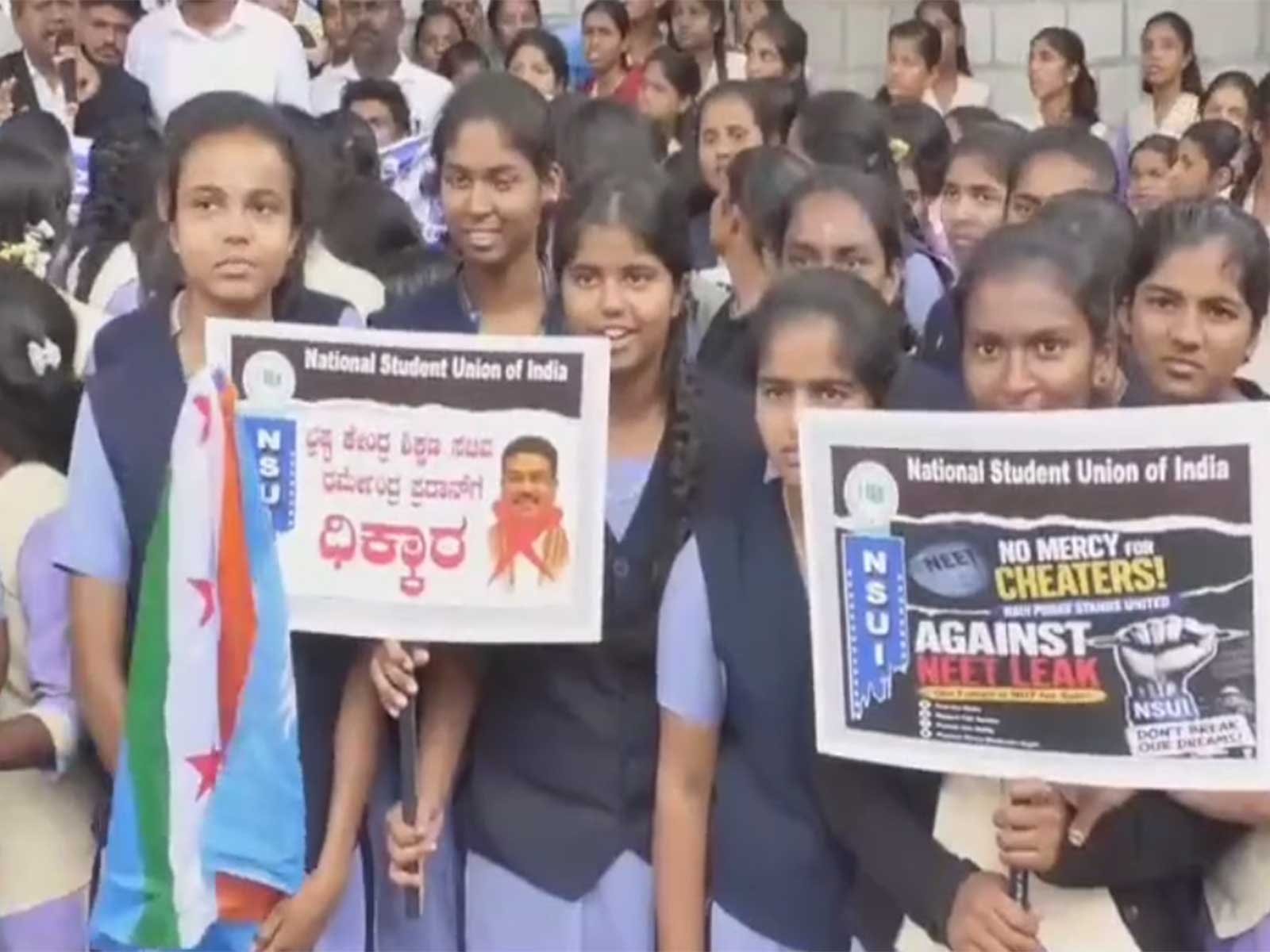 Student protest against NEET paper leak in Karnataka's Mandya (Photo/ANI)