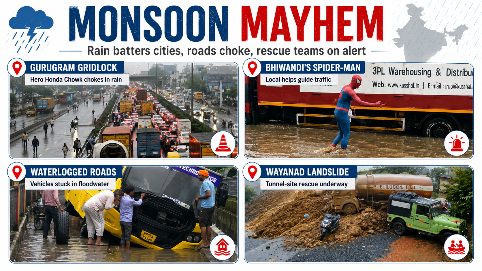 Heavy monsoon rain brought relief, chaos and tragedy across India, from Delhi-NCR snarls to a deadly Wayanad landslide.